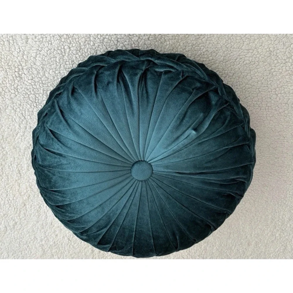 Round Velvet Throw Pillow Pumpkin Teal Blue Green Tufted Pleated Cushion Decor